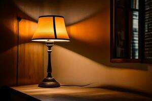 uma luminária em uma mesa dentro a escuro. gerado por IA foto