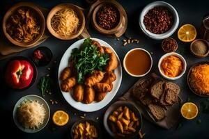 uma variedade do Comida em uma mesa. gerado por IA foto