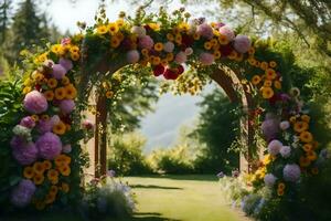 a arco com flores e vegetação. gerado por IA foto