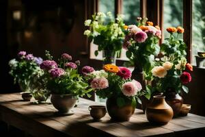 flores dentro vasos em uma mesa. gerado por IA foto
