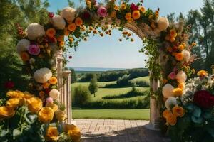 a arco com flores e uma Visão do a oceano. gerado por IA foto