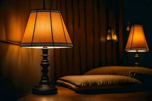 uma luminária é em uma mesa dentro frente do uma cama. gerado por IA foto