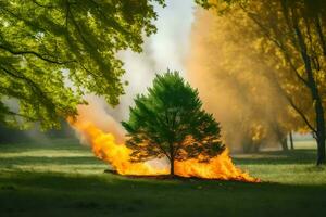 uma árvore é queimando dentro a Relva com fumaça chegando Fora do isto. gerado por IA foto