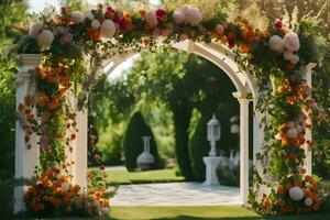 a arco com flores e vegetação. gerado por IA foto