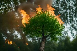 uma árvore é queimando dentro a floresta. gerado por IA foto