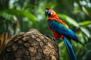uma colorida papagaio senta em topo do uma árvore. gerado por IA foto