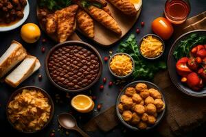 uma variedade do Comida é mostrando em uma mesa. gerado por IA foto