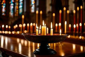velas estão aceso dentro uma Igreja com uma de madeira mesa. gerado por IA foto