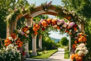 a arco com flores e vegetação. gerado por IA foto