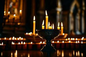 velas estão aceso dentro uma Igreja com velas. gerado por IA foto