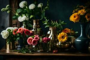 uma mesa com vasos do flores e de outros flores gerado por IA foto