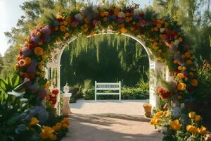 uma Casamento arco fez do flores dentro a jardim. gerado por IA foto