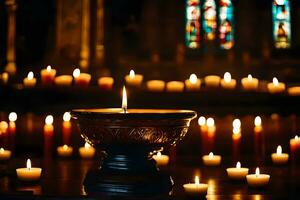 velas estão aceso dentro uma Igreja com uma de madeira tigela. gerado por IA foto