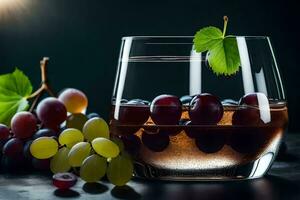 uma vidro do vinho com uvas e folhas. gerado por IA foto