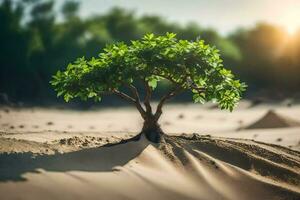 uma pequeno árvore crescendo dentro a deserto. gerado por IA foto