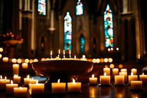 velas estão aceso dentro uma Igreja com manchado vidro janelas. gerado por IA foto