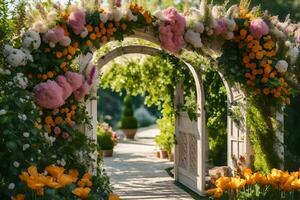 a arco com flores e uma caminho conduzindo para isto. gerado por IA foto