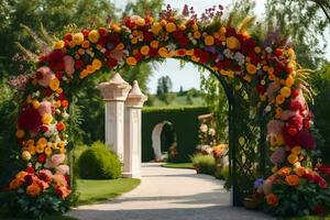 uma colorida arco com flores dentro frente do uma jardim. gerado por IA foto