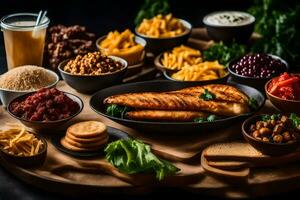 uma ampla prato do Comida com diferente tipos do Comida. gerado por IA foto