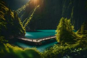 uma ponte sobre uma lago dentro a montanhas. gerado por IA foto