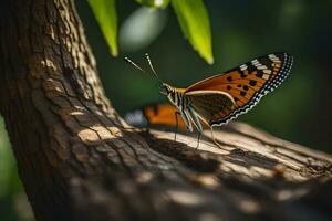 uma borboleta é sentado em uma árvore ramo. gerado por IA foto