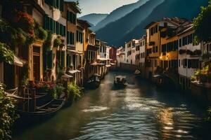 uma canal dentro Itália com barcos e edifícios. gerado por IA foto