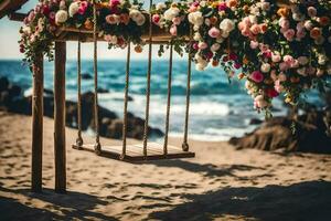 uma balanço em a de praia com flores gerado por IA foto