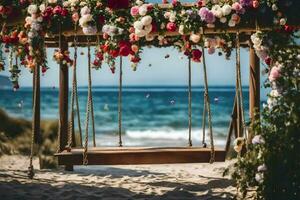 uma balanço com flores em a de praia. gerado por IA foto