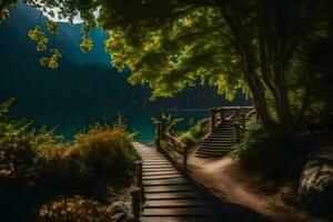 uma caminho conduz para uma lago e árvores gerado por IA foto
