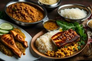 uma mesa com vários pratos do Comida. gerado por IA foto