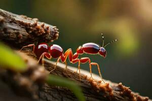 uma vermelho formiga é caminhando em uma registro. gerado por IA foto