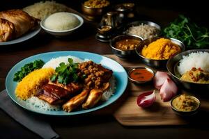 uma mesa com Comida em isto, Incluindo arroz, carne e legumes. gerado por IA foto