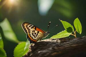 uma borboleta é sentado em uma ramo com verde folhas. gerado por IA foto