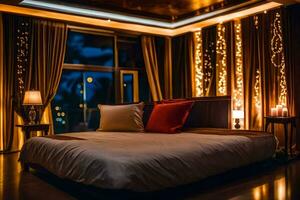 uma quarto com uma cama e uma janela com luzes. gerado por IA foto