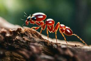 uma vermelho formiga em uma ramo. gerado por IA foto