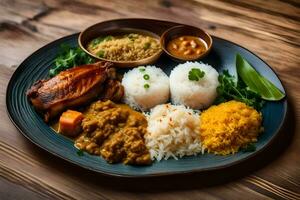 uma prato com arroz, frango, e legumes. gerado por IA foto