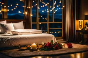 uma quarto com velas e flores em a cama. gerado por IA foto