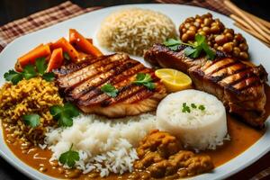 uma prato do Comida com arroz, carne e legumes. gerado por IA foto