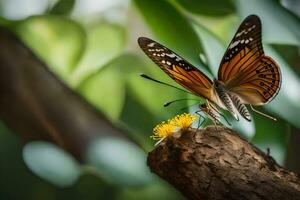 uma borboleta é sentado em uma ramo com amarelo flores gerado por IA foto