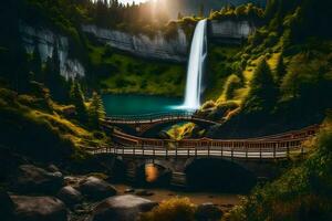 a ponte sobre a cascata. gerado por IA foto