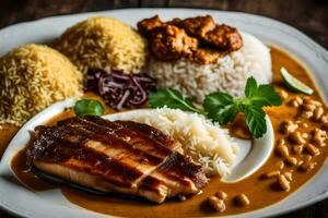 a Comida é servido em uma prato com arroz, frango e arroz. gerado por IA foto