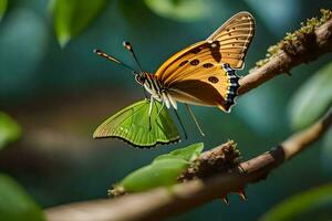 uma borboleta é sentado em uma ramo com uma verde folha. gerado por IA foto