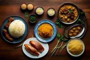 uma mesa com vários pratos do Comida em isto. gerado por IA foto