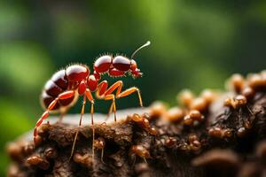 uma vermelho formiga em uma árvore porta-malas. gerado por IA foto