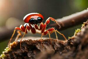 uma vermelho aranha em uma ramo. gerado por IA foto