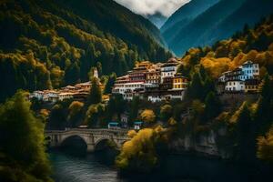 uma pequeno Vila dentro a montanhas com uma ponte. gerado por IA foto