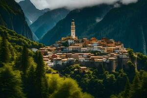 uma pequeno Vila dentro a montanhas com árvores e montanhas. gerado por IA foto