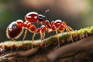 dois vermelho formigas em uma ramo. gerado por IA foto