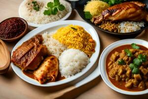 uma variedade do Comida em uma de madeira mesa. gerado por IA foto