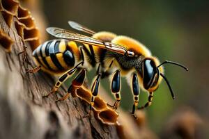 uma abelha é sentado em uma árvore porta-malas. gerado por IA foto